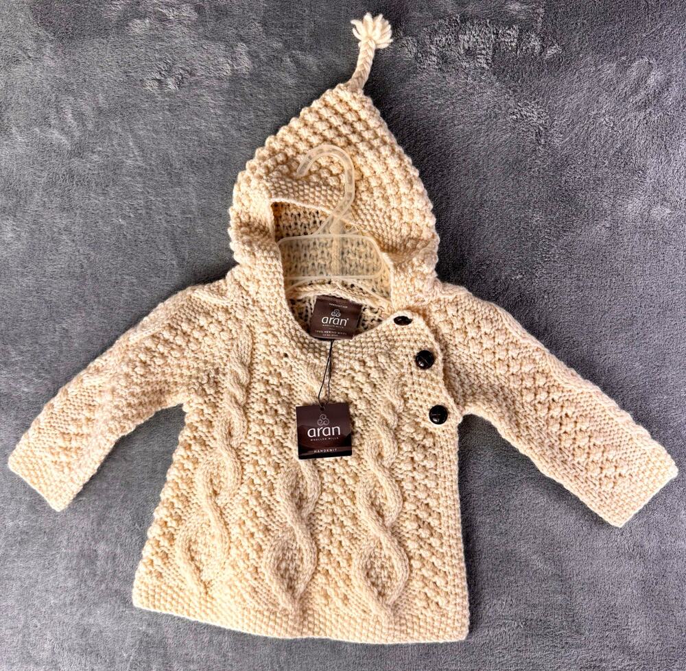 aran woollen mills baby 12-18m handknit merino wool hooded sweater ireland